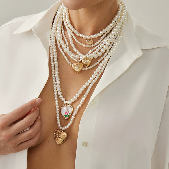 Wholesale Necklace Imitation Pearl Alloy Geometric Handmade Love Pendant