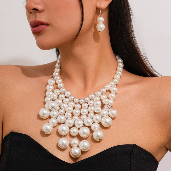 Wholesale Necklace Imitation Pearl Exaggerated Geometric Round Bead Electroplating For Women