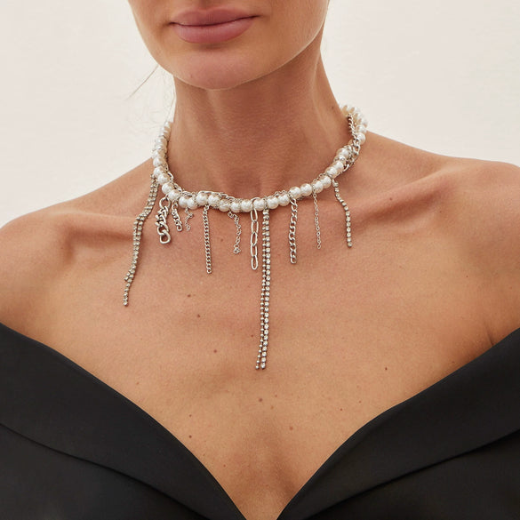 Wholesale Necklace Imitation Pearl Iron Chain Claw Chain Alloy Geometric Style Electroplating Women