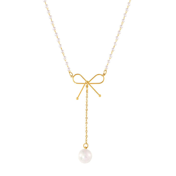 Wholesale Necklace Imitation Pearl 316L Stainless Steel Geometric Bow Light Luxury Electroplated