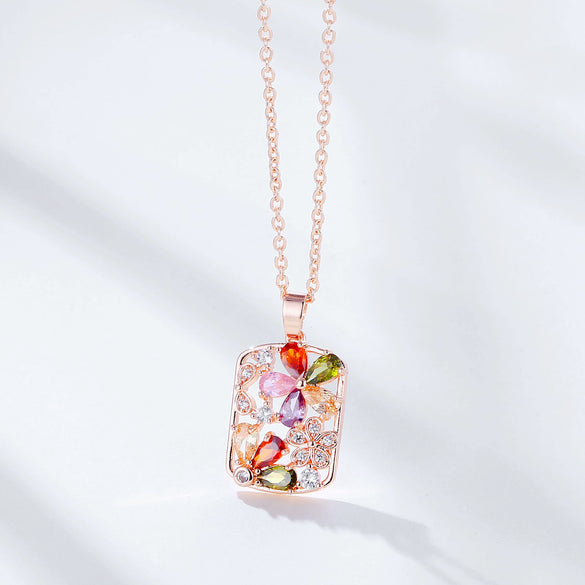 Wholesale Necklace Jewelry With Zircon Hollow Flower Pendant Copper Titanium Steel Color Retention Rhombus Design