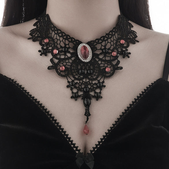 Wholesale Necklace Lace Pearl Alloy Dark Ruby Crystal Pendant Gothic Handmade Flower Style For Women