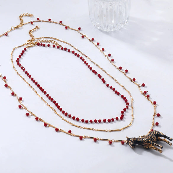 Wholesale Necklace Multilayer Handmade Beaded Chain Animal Zebra Pendant Zinc Alloy Electroplating