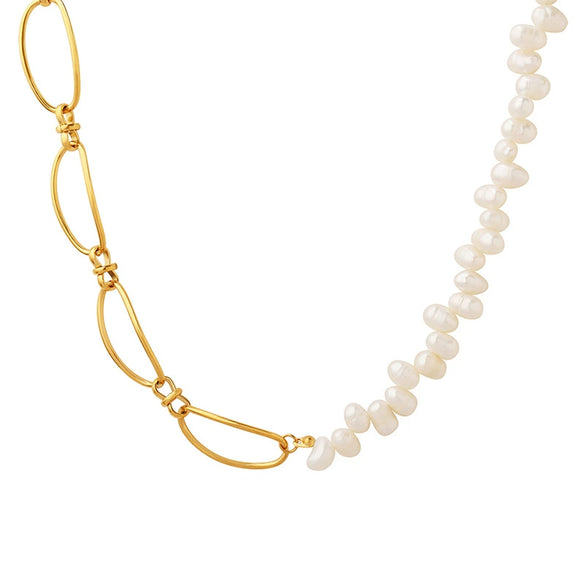 Wholesale Necklace Oval Freshwater Pearl Chain Stitching Geometric Design Baroque Niche Style Titanium Steel Electroplating