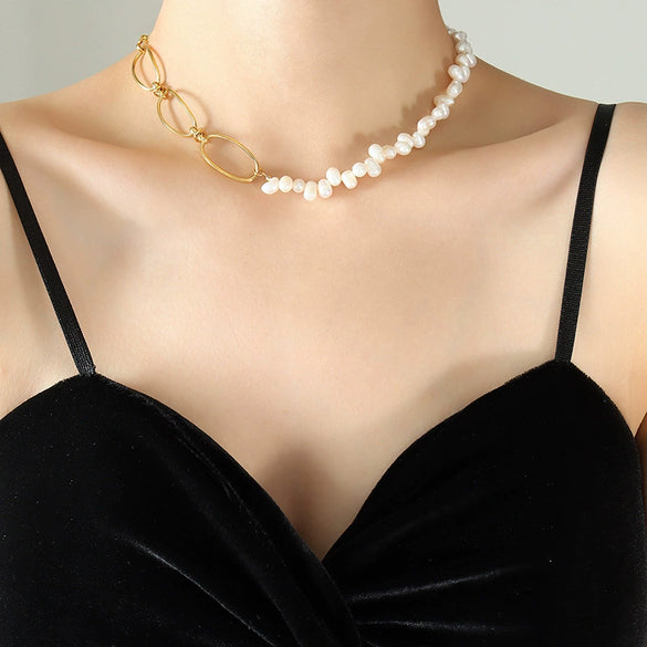 Wholesale Necklace Oval Freshwater Pearl Chain Stitching Geometric Design Baroque Niche Style Titanium Steel Electroplating