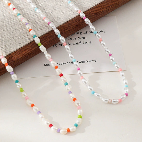 Wholesale Necklace Plastic Pearls Natural Freshwater Pearls Rice Beads Stainless Steel Geometric Style Vacuum Plated