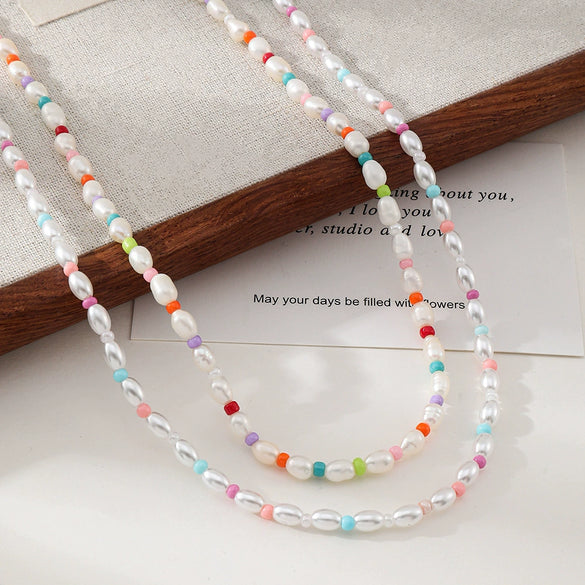 Wholesale Necklace Plastic Pearls Natural Freshwater Pearls Rice Beads Stainless Steel Geometric Style Vacuum Plated