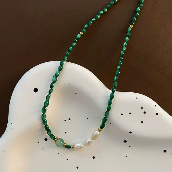 Wholesale Necklace Retro Style Pearl Green Agate Geometric Titanium Steel Handmade Women's