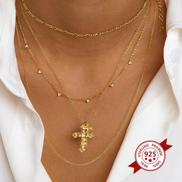 Wholesale Necklace S925 Silver Copper Geometric Cross Multilayer Hiphop Retro Electroplated