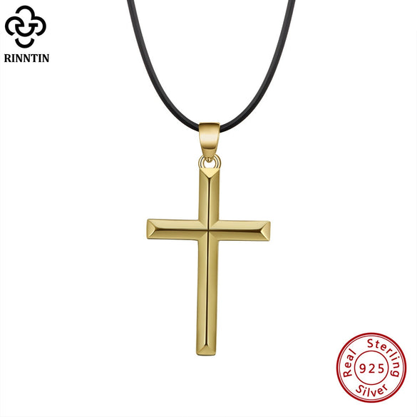 Wholesale Necklace S925 Sterling Silver Cross Geometric Polished Hip Hop Fashion Leather Rope Jewelry Pendant