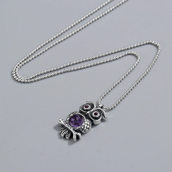 Wholesale Necklace S925 Sterling Silver Geometric Owl Crystal Pendant Bead Chain Electroplating Hipster Retro Distressed