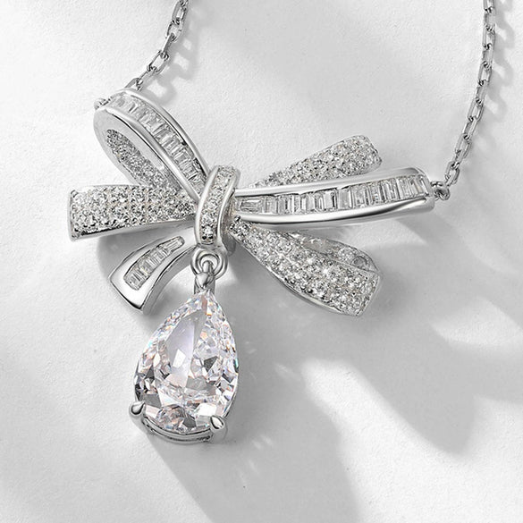 Wholesale Necklace 925 Silver Bow Water Drop High Carbon Diamond Light Luxury Style