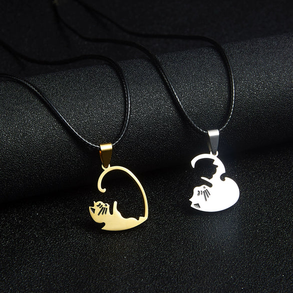 Wholesale Necklace Stainless Steel Animal Cat Pendant With Black And White Kitten Embrace Love Pattern Leather Rope Chain Electroplated