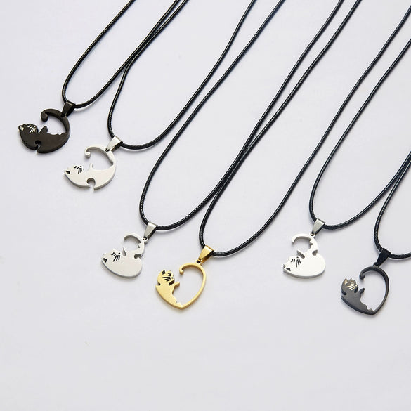 Wholesale Necklace Stainless Steel Animal Cat Pendant With Black And White Kitten Embrace Love Pattern Leather Rope Chain Electroplated