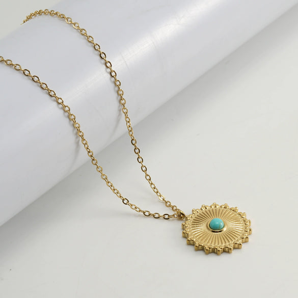 Wholesale Necklace 316L Stainless Steel Blue Turquoise Round Geometric Style Mixed Gem Inlay 18K Gold Plated For Women