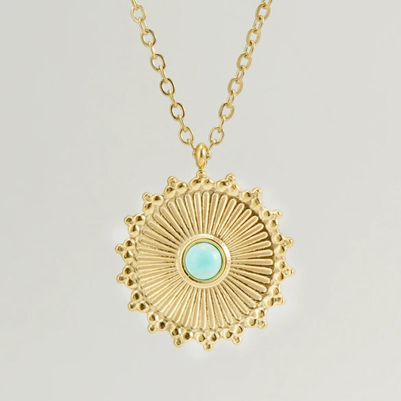 Wholesale Necklace 316L Stainless Steel Blue Turquoise Round Geometric Style Mixed Gem Inlay 18K Gold Plated For Women