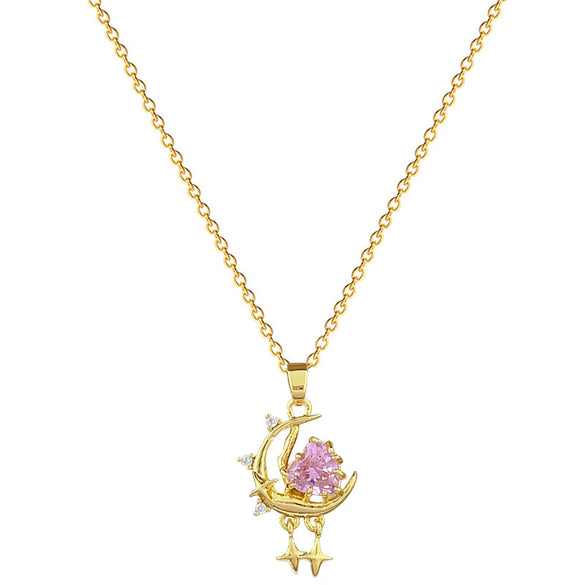 Wholesale Necklace Stainless Steel Copper Geometric Cartoon Pink Stars And Moon Full Diamond Light Luxury Elegant Gorgeous Unisex Allmatch Clavicle Chain
