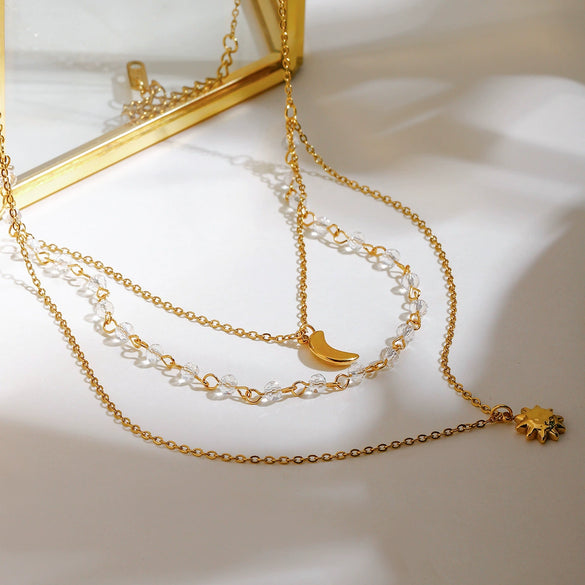 Wholesale Necklace Stainless Steel Crystal Electroplating Geometric Star Moon Tassel Three Layer Jewelry For Women