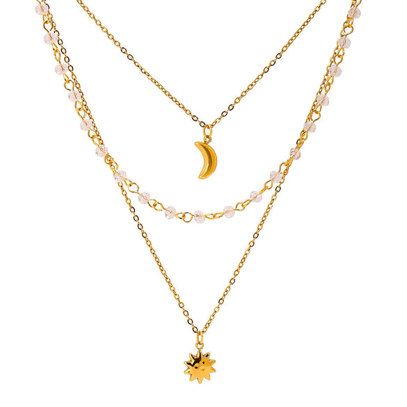 Wholesale Necklace Stainless Steel Crystal Electroplating Geometric Star Moon Tassel Three Layer Jewelry For Women