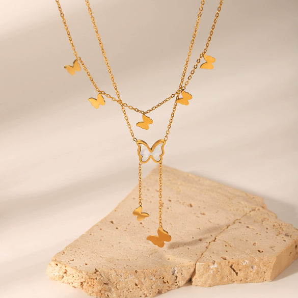 Wholesale Necklace Stainless Steel Double Layer Butterfly Tassel Women's Light Luxury Elegant Clavicle Chain With Electroplating And Geometric Animal Pattern