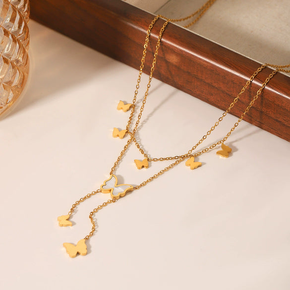 Wholesale Necklace Stainless Steel Double Layer Butterfly Tassel Women's Light Luxury Elegant Clavicle Chain With Electroplating And Geometric Animal Pattern