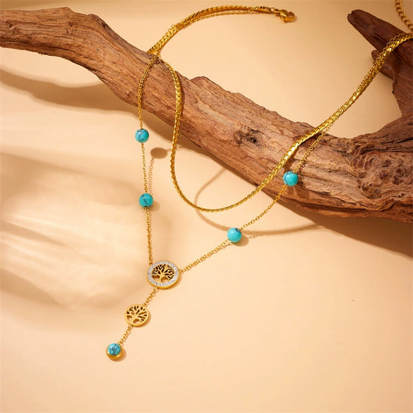 Wholesale Necklace Stainless Steel Double Layer Gold Plated Tassel Life Tree Blue Turquoise Fashion Retro Accessory