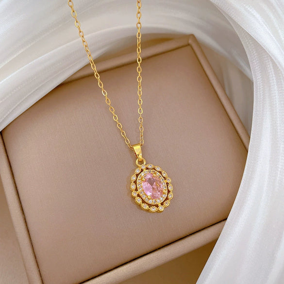 Wholesale Necklace Stainless Steel Eggshaped Animal Zodiac Cartoon Retro Pink Full Diamond Light Luxury Elegant Gorgeous Unisex Allmatch Clavicle Chain
