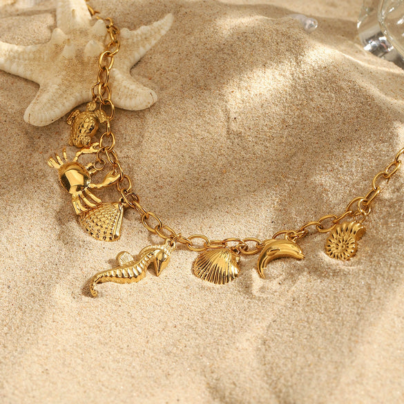 Wholesale Necklace Stainless Steel Geometric Animal Design Electroplating With Turtle Conch Dolphin Crab Shell