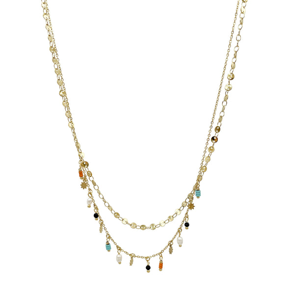 Wholesale Necklace Stainless Steel Geometric Retro Bohemian Style Double Layer With Pearl Color Bead Pendant Electroplated