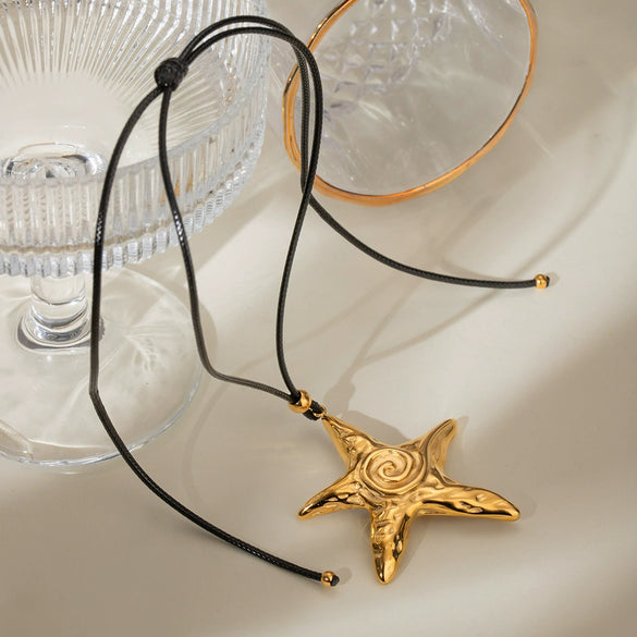 Wholesale Necklace Stainless Steel Geometric Starfish Pendant Electroplated Black Wax Rope Retro Style For Women