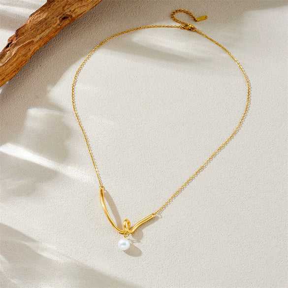 Wholesale Necklace Stainless Steel Gold Plated Geometric Knot Twist V Pendant Pearl Fashion Chain