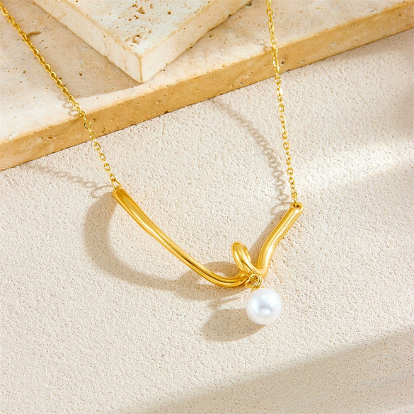 Wholesale Necklace Stainless Steel Gold Plated Geometric Knot Twist V Pendant Pearl Fashion Chain