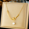 Wholesale Necklace Stainless Steel Gold Plated Geometric Knot Twist V Pendant Pearl Fashion Chain