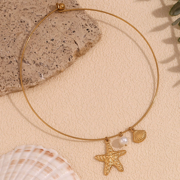 Wholesale Necklace Stainless Steel Gold Plated Starfish Scallop Conch Pearl Pendant For Female