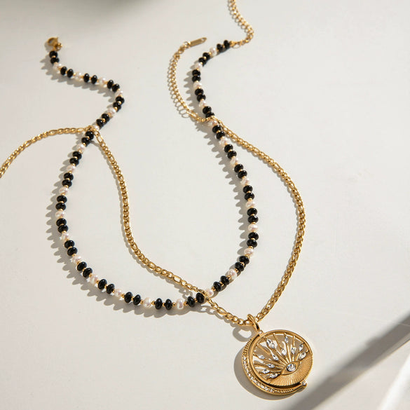 Wholesale Necklace Stainless Steel Imitation Pearl Bead String Eye Pendant Retro Geometric Style Titanium Steel Electroplated