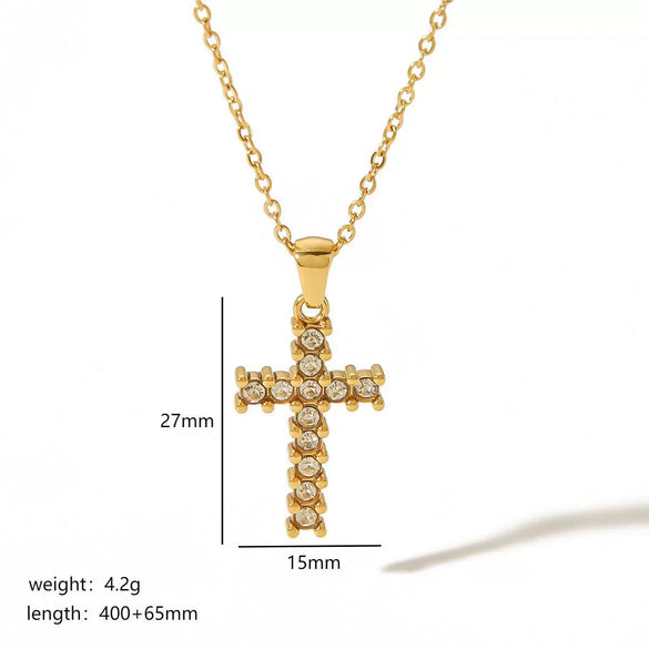 Wholesale Necklace Stainless Steel 18K Gold Plated Cross Set Zircon Geometric Light Luxury Style