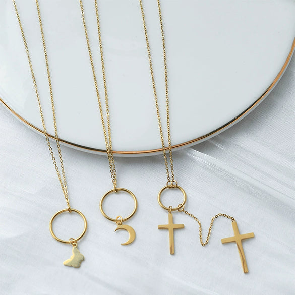 Wholesale Necklace Stainless Steel 14K Gold Plated Geometric Animal Zodiac Pendant O Chain Minimalist Style For Women