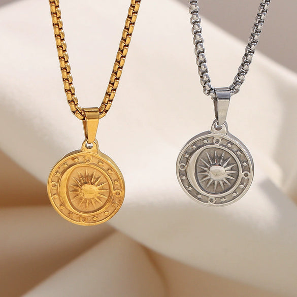 Wholesale Necklace Stainless Steel 18K Gold Plated Geometric Sun Pendant Square Pearl Chain For Women