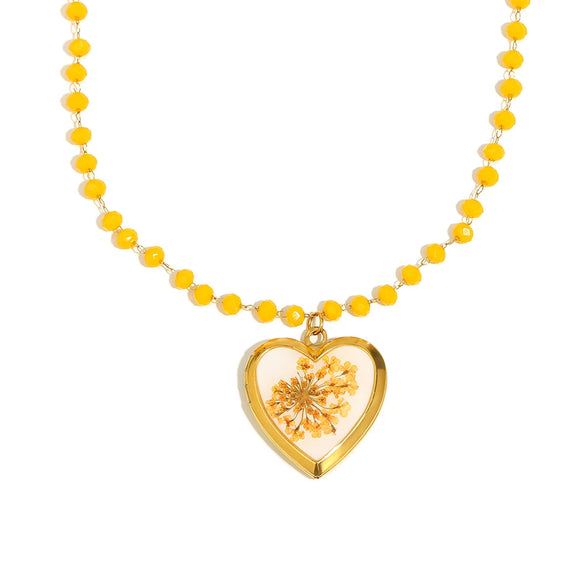 Wholesale Necklace Stainless Steel 18K Gold Plated Heart Shape Dried Flower Photo Box Glass Bead
