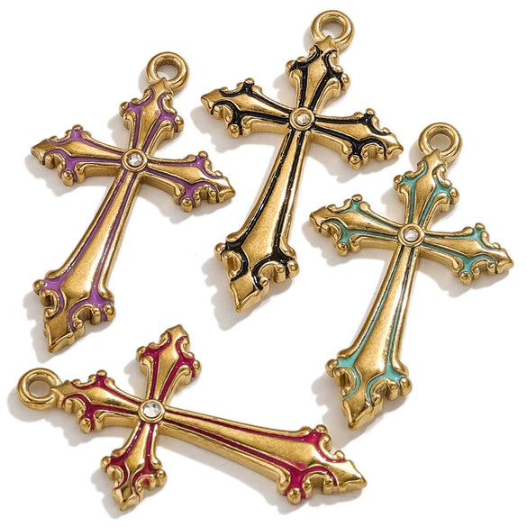 Wholesale Necklace Stainless Steel 18K Plated Dripping Oil Cross Baroque Punk Style