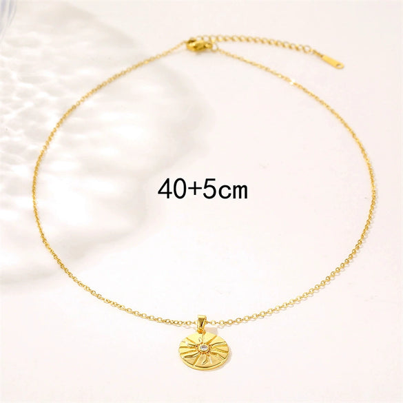 Wholesale Necklace Stainless Steel Mixed Gem Inlay Geometric Retro Golden Sun Totem Coin Sunflower Clavicle Chain For Women Electroplating