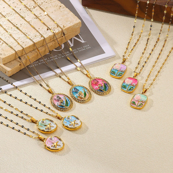 Wholesale Necklace Stainless Steel Oil Drop Flower Palace Style Electroplating For Unisex