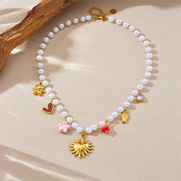 Wholesale Necklace Stainless Steel Pearl Chain Gold Plated Heart Shape French Retro Style