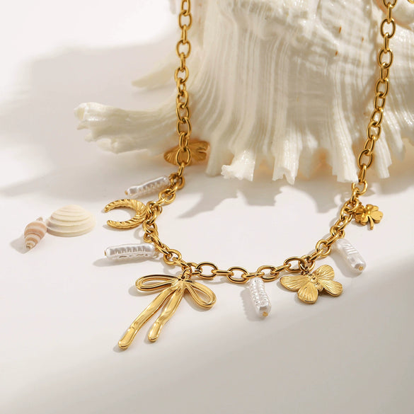 Wholesale Necklace Stainless Steel Pearl Four Leaf Clover Butterfly Ginkgo Leaf Pendant Electroplated For Women