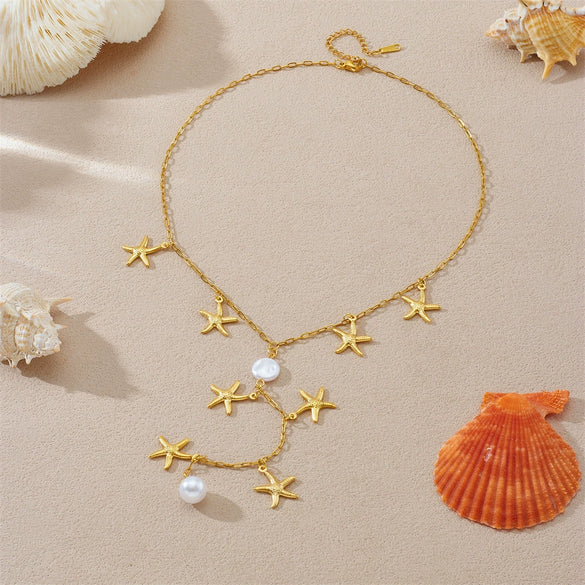 Wholesale Necklace Stainless Steel Pearl Gold Plated Starfish Y Shaped Chain Asymmetrical Chic Animal Style