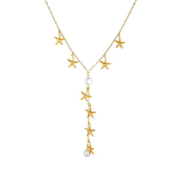 Wholesale Necklace Stainless Steel Pearl Gold Plated Starfish Y Shaped Chain Asymmetrical Chic Animal Style