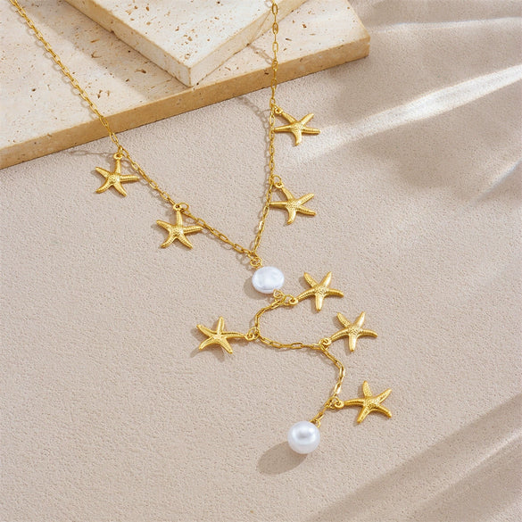 Wholesale Necklace Stainless Steel Pearl Gold Plated Starfish Y Shaped Chain Asymmetrical Chic Animal Style