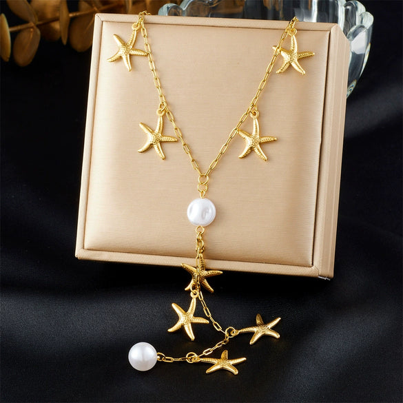 Wholesale Necklace Stainless Steel Pearl Gold Plated Starfish Y Shaped Chain Asymmetrical Chic Animal Style