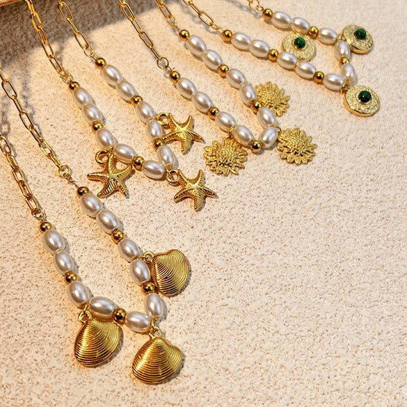 Wholesale Necklace Stainless Steel Retro Minimalist Ushaped Starfish Pearl Scallop Pendant Electroplating Unisex
