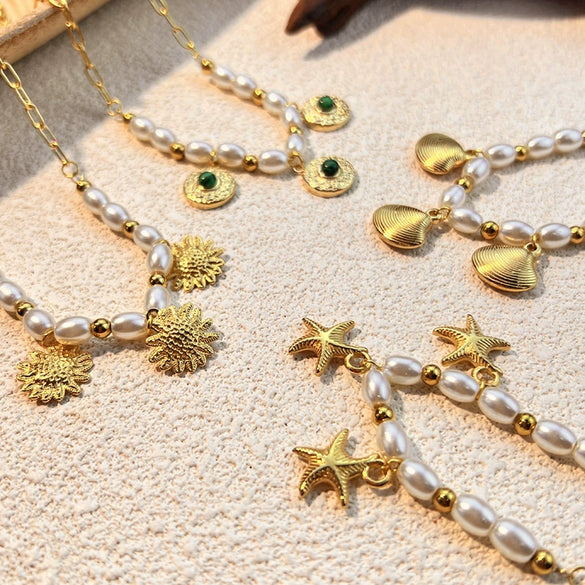 Wholesale Necklace Stainless Steel Retro Minimalist Ushaped Starfish Pearl Scallop Pendant Electroplating Unisex